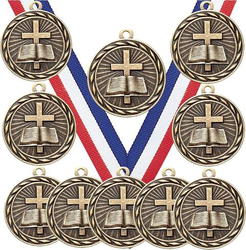 10 Pack of Religion Religious Bible Cross Gold Medals Trophy Award with Neck Ribbons MA in Saudi Arabia