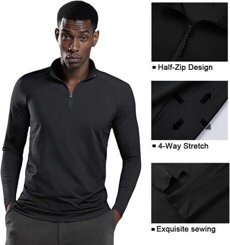 Men's Quarter Zip Pullover, Long Sleeve Athletic Performance Shirt, Mock Neck,Solid Basic t-Shirt in Saudi Arabia