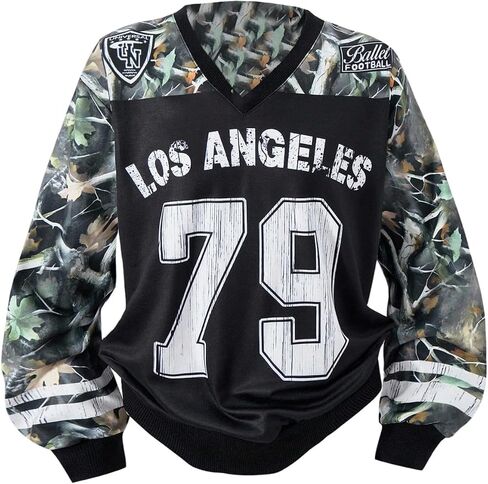 OYOANGLE Girl's Number Graphic V Neck Sweatshirts Y2K Camo Jersey Shirts Trendy Fall Loose Pullover Tops in Saudi Arabia