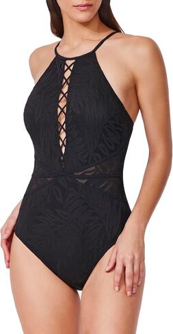 Profile by Gottex Skyfall Textured High Neck One Piece- Front & Back Lining, Soft Cups, Adjustable Straps, Mesh Side Cutouts in Saudi Arabia