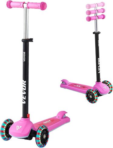 VEVOR Kick Scooter for Kids Ages 3+, 3-Wheel Toddler Scooter with Light-Up Wheels, Adjustable Height Handlebar, Wide Anti-Slip Deck, Lightweight Aluminum Frame for Boys & Girls up to 165 lbs, Pink in Saudi Arabia