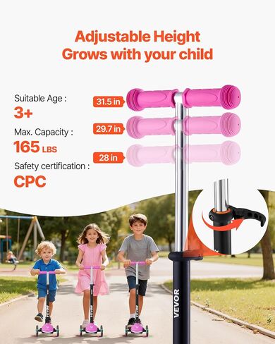 VEVOR Kick Scooter for Kids Ages 3+, 3-Wheel Toddler Scooter with Light-Up Wheels, Adjustable Height Handlebar, Wide Anti-Slip Deck, Lightweight Aluminum Frame for Boys & Girls up to 165 lbs, Pink in Saudi Arabia