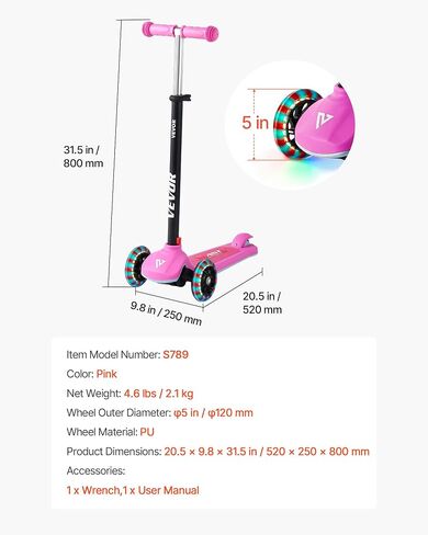 VEVOR Kick Scooter for Kids Ages 3+, 3-Wheel Toddler Scooter with Light-Up Wheels, Adjustable Height Handlebar, Wide Anti-Slip Deck, Lightweight Aluminum Frame for Boys & Girls up to 165 lbs, Pink in Saudi Arabia