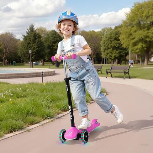 VEVOR Kick Scooter for Kids Ages 3+, 3-Wheel Toddler Scooter with Light-Up Wheels, Adjustable Height Handlebar, Wide Anti-Slip Deck, Lightweight Aluminum Frame for Boys & Girls up to 165 lbs, Pink in Saudi Arabia