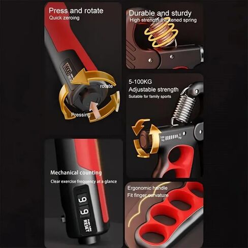 Auto-Count Grip Strengthener, 5-100KG Adjustable Resistance, Red Forearm Trainer for Strength Building with Display in Saudi Arabia