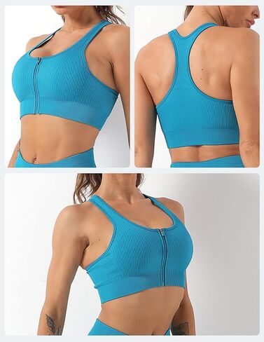 Zip Front Ribbed Sports Bra Seamless Workout Crop Top for Yoga and Gym in Saudi Arabia