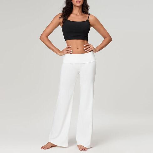 Women Wide Leg Fold Over Pants Y2k Casual Elastic Waist Flare Skinny Yoga Legging Cute Trousers in Saudi Arabia