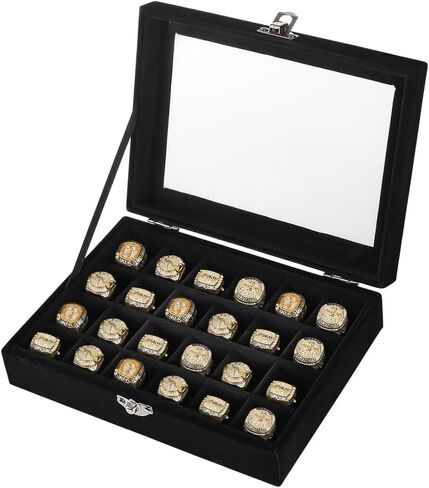 FINGERINSPIRE 24-Slot Championship Ring Display Case صندوق خاتم بطولة مخملي مع نافذة مرئية للعديد من حامل حلقة البيسبول الأسود المستطيل للخواتم الرياضية والمقتنيات التذكارية in Saudi Arabia