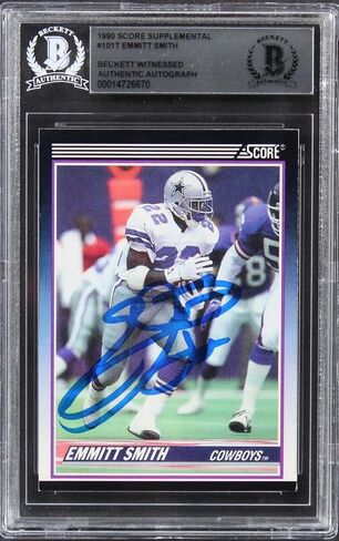 وقع Cowboys Emmitt Smith على نتيجة 1990 التكميلية رقم 101T بطاقة المبتدئين BAS Slab - بطاقات المبتدئين الموقعة على كرة القدم in Saudi Arabia