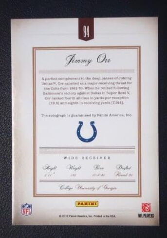 Jimmy Orr 2012 PANINI PRIME SIGNATURES AUTO 6/75 Card #94 COLTS - Football Slabbed Autographed Rookie Cards in Saudi Arabia