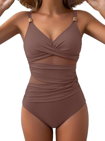 Women's Mesh One Piece Swimsuits Tummy Control V Neck Bathing Suit Sexy Push Up Swim Suit Slimming Swimwear in Kuwait
