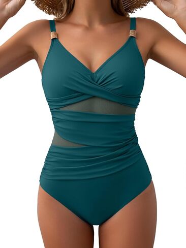 Women's Mesh One Piece Swimsuits Tummy Control V Neck Bathing Suit Sexy Push Up Swim Suit Slimming Swimwear in Kuwait