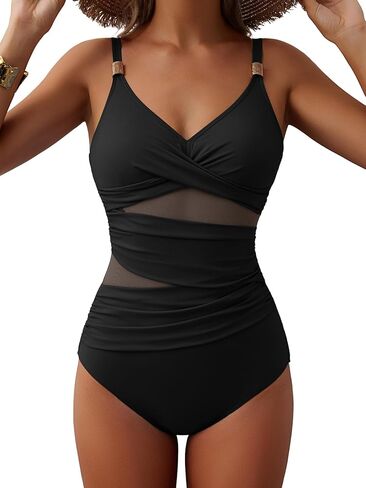 Women's Mesh One Piece Swimsuits Tummy Control V Neck Bathing Suit Sexy Push Up Swim Suit Slimming Swimwear in Kuwait