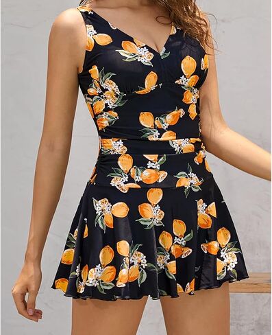 Women's V Neck One Piece Skirt Swimsuit Ruched Retro Swimdress Bathing Suit in Saudi Arabia