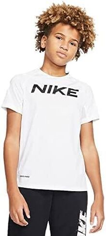 Nike Kids Boy's Pro Short Sleeve Fitted Top (Big Kids) White/Black SM (8 Big Kids) in Saudi Arabia