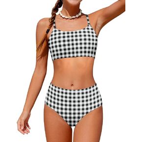 ملابس سباحة للفتيات بخصر عالٍ ومخططة متباينة مكونة من 3 قطع بيكيني مع غطاء للأعمار من 9 إلى 16 عامًا in Kuwait