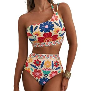 Herseas Women's High Waisted Bikini Sets One Shoulder Floral Print Swimsuits 2 Piece Tummy Control Bathing Suits in Kuwait