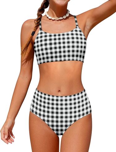 ملابس سباحة للفتيات بخصر عالٍ ومخططة متباينة مكونة من 3 قطع بيكيني مع غطاء للأعمار من 9 إلى 16 عامًا in Kuwait