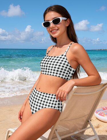 ملابس سباحة للفتيات بخصر عالٍ ومخططة متباينة مكونة من 3 قطع بيكيني مع غطاء للأعمار من 9 إلى 16 عامًا in Kuwait