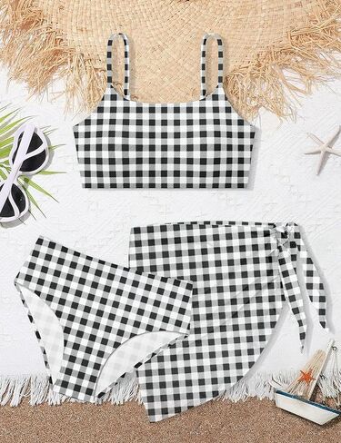 ملابس سباحة للفتيات بخصر عالٍ ومخططة متباينة مكونة من 3 قطع بيكيني مع غطاء للأعمار من 9 إلى 16 عامًا in Kuwait