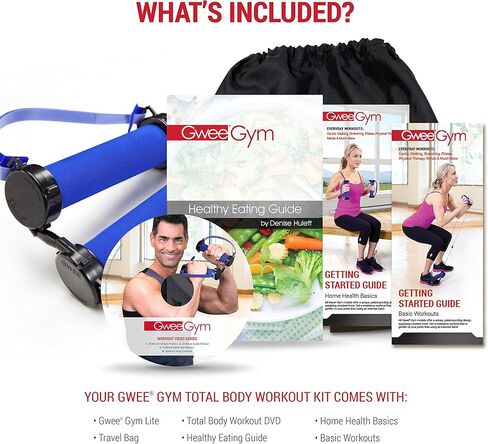 Gwee Gym - مجموعة تمارين أربطة المقاومة، LITE، أربطة تمرين زرقاء، بناء العضلات الخالية من الدهون مع أربطة للتمرين، سهلة الحمل، تتضمن مجموعة ملحقات، DVD، حقيبة سفر وكتاب إلكتروني للأكل الصحي in Saudi Arabia