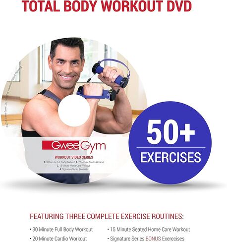 Gwee Gym - مجموعة تمارين أربطة المقاومة، LITE، أربطة تمرين زرقاء، بناء العضلات الخالية من الدهون مع أربطة للتمرين، سهلة الحمل، تتضمن مجموعة ملحقات، DVD، حقيبة سفر وكتاب إلكتروني للأكل الصحي in Saudi Arabia