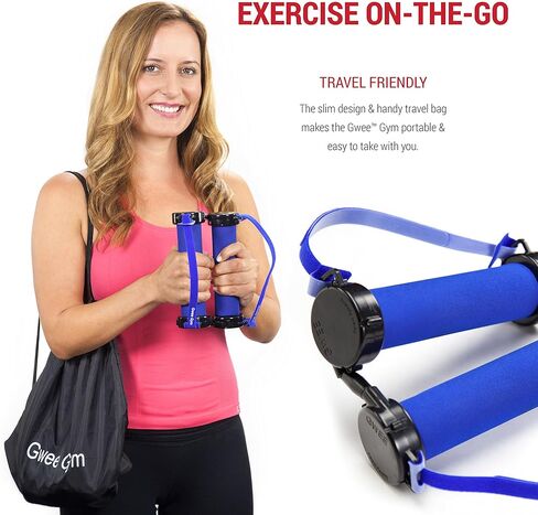 Gwee Gym - مجموعة تمارين أربطة المقاومة، LITE، أربطة تمرين زرقاء، بناء العضلات الخالية من الدهون مع أربطة للتمرين، سهلة الحمل، تتضمن مجموعة ملحقات، DVD، حقيبة سفر وكتاب إلكتروني للأكل الصحي in Saudi Arabia