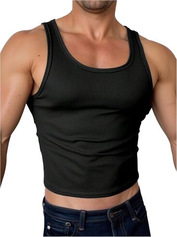 OYOANGLE Men's Scoop Neck Ribbed Crop Tank Top Basic Solid Fitted Sleeveless Muscle Tops Undershirts in Saudi Arabia