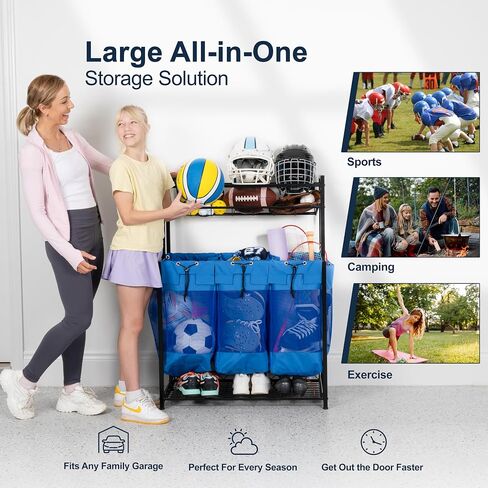 KASSELL Garage Sports Organizer Storage rack for sports equipment Ball, Heavy Duty Toy and Gear Storage Organizer with Grab and go bags (Black) in Saudi Arabia