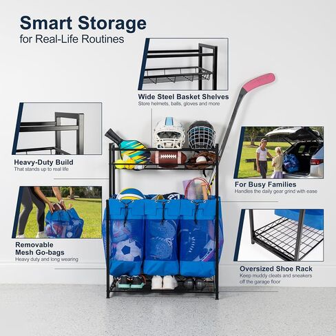 KASSELL Garage Sports Organizer Storage rack for sports equipment Ball, Heavy Duty Toy and Gear Storage Organizer with Grab and go bags (Black) in Saudi Arabia