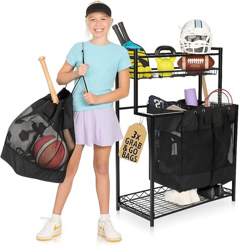 KASSELL Garage Sports Organizer Storage rack for sports equipment Ball, Heavy Duty Toy and Gear Storage Organizer with Grab and go bags (Black) in Saudi Arabia