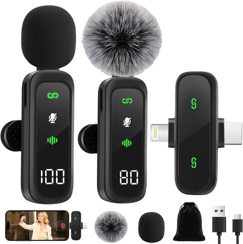 ميكروفون Lavalier لاسلكي مكون من قطعتين: لهاتف iPhone 15/16 وiPad وAndroid - شاشة LED صغيرة، تقليل الضوضاء، التوصيل والتشغيل، شحن USB-C، صوت واضح - فيديو/مدونة فيديو، زجاج أمامي وحقيبة متضمنة in Saudi Arabia