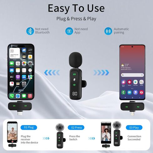 ميكروفون Lavalier لاسلكي مكون من قطعتين: لهاتف iPhone 15/16 وiPad وAndroid - شاشة LED صغيرة، تقليل الضوضاء، التوصيل والتشغيل، شحن USB-C، صوت واضح - فيديو/مدونة فيديو، زجاج أمامي وحقيبة متضمنة in Saudi Arabia