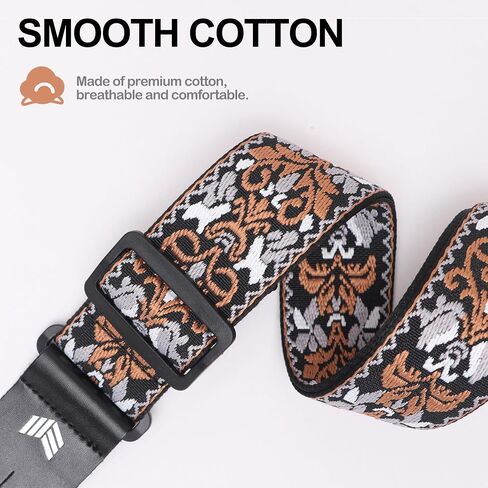 Guitar Strap Vintage Embroidered Cotton - Genuine Leather Ends for Acoustic & Electric Guitars in Saudi Arabia