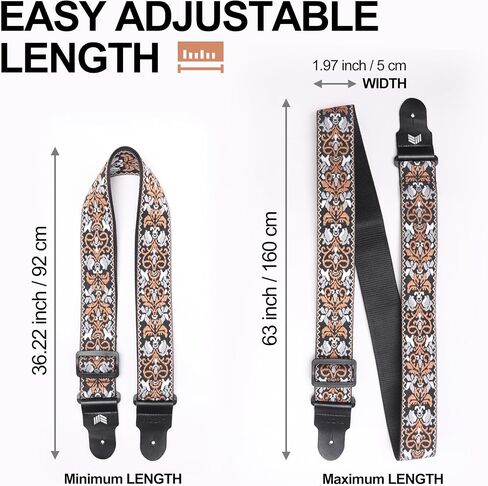 Guitar Strap Vintage Embroidered Cotton - Genuine Leather Ends for Acoustic & Electric Guitars in Saudi Arabia
