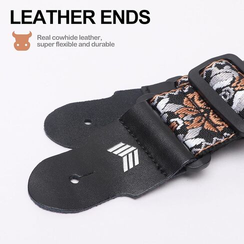 Guitar Strap Vintage Embroidered Cotton - Genuine Leather Ends for Acoustic & Electric Guitars in Saudi Arabia