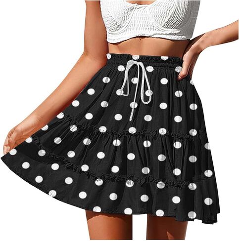 Women’s Polka Dots Mini Layered Skirt Ruffle High Elastic Waist Drawstring Short Flowy Cute Summer Skirts in Saudi Arabia