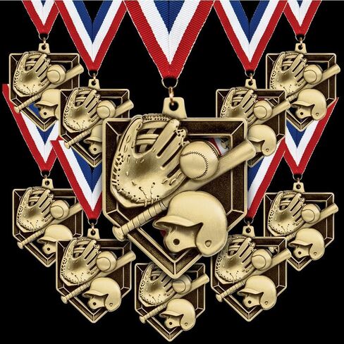 10 Pack Baseball Medals with Red White and Blue Neck Ribbons – 2" Gold Sports Award Medals for Kids, Teams, Little League, School Awards, Baseball Tournaments in Saudi Arabia