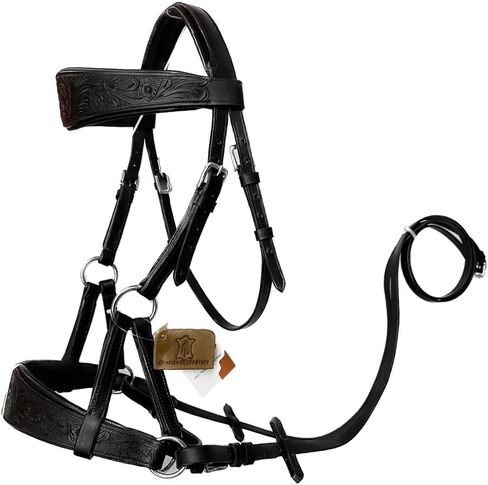 Sidepull Bitless Bridle with Designer Hand Carving On Brow & Noseband Oval Shaped Full Black in Saudi Arabia