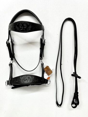 Sidepull Bitless Bridle with Designer Hand Carving On Brow & Noseband Oval Shaped Full Black in Saudi Arabia