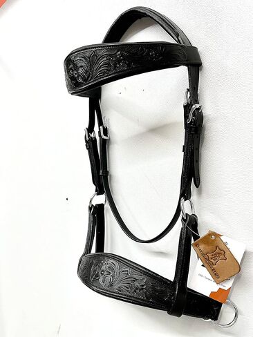 Sidepull Bitless Bridle with Designer Hand Carving On Brow & Noseband Oval Shaped Full Black in Saudi Arabia