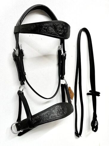 Sidepull Bitless Bridle with Designer Hand Carving On Brow & Noseband Oval Shaped Full Black in Saudi Arabia