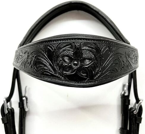 Sidepull Bitless Bridle with Designer Hand Carving On Brow & Noseband Oval Shaped Full Black in Saudi Arabia