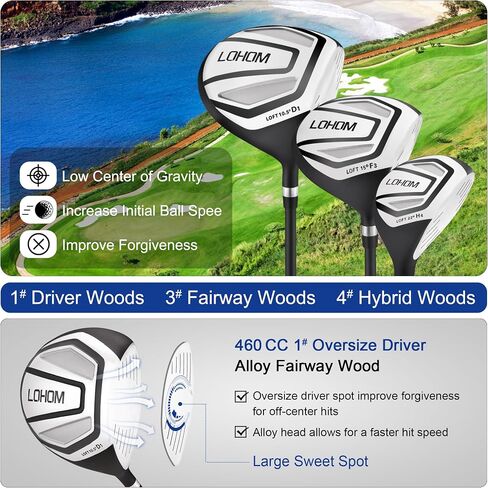 Men's Complete Golf Club Set, 9/11-Piece Right Handed Clubs with 460cc Driver, Fairway Wood, Hybrid & Steel Irons 5-9, P, S, Steel/Graphite Shafts, Black/Charcoal in Saudi Arabia