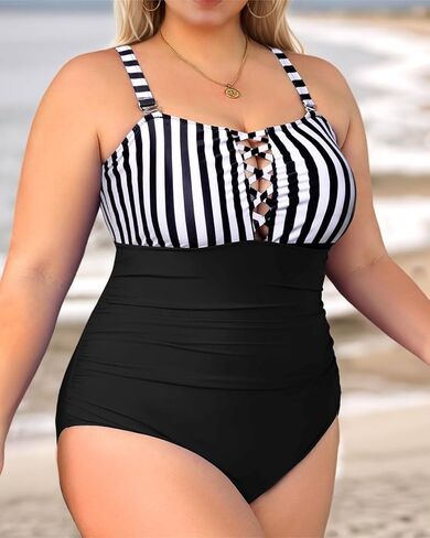 Womens Plus Size One Piece Swimsuits Tummy Control Stripe Color Block Bathing Suits Swimwear in Saudi Arabia