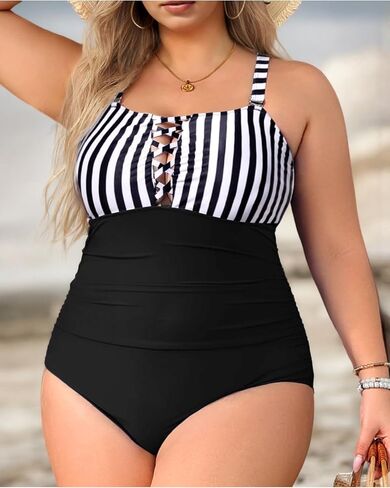 Womens Plus Size One Piece Swimsuits Tummy Control Stripe Color Block Bathing Suits Swimwear in Saudi Arabia