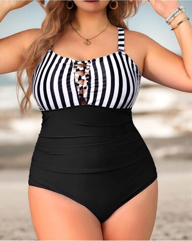 Womens Plus Size One Piece Swimsuits Tummy Control Stripe Color Block Bathing Suits Swimwear in Saudi Arabia