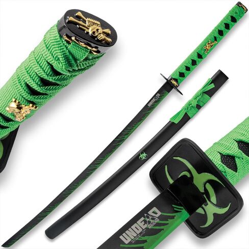 Zombie Hunter Green Katana | 27" Black Carbon Steel Blade | Wooden Handle | Metal Tsuba | Black Wooden Scabbard Included | Fantasy Collectible | Neon Cord Wrap | Overall Length 40 1/2" in Saudi Arabia