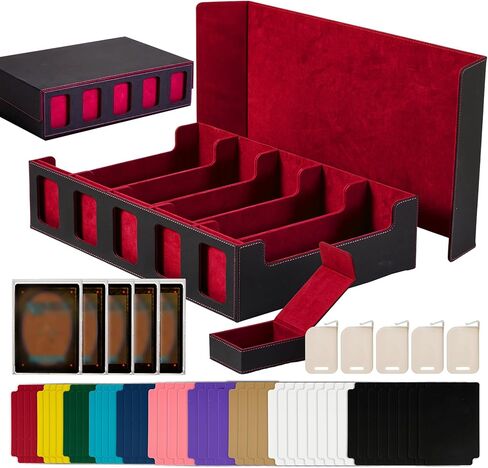 صندوق تخزين بطاقات التداول من الجلد المغناطيسي - تصميم علبة مكون من 5 صفوف، سعة تزيد عن 3900 لبطاقات YuGiOh وMTG وTCG والبطاقات الرياضية، ويتضمن 24 فواصل ملونة و5 دعامات للبطاقات (15.8 بوصة، أسود) in Kuwait