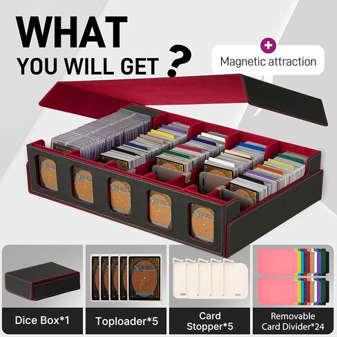 صندوق تخزين بطاقات التداول من الجلد المغناطيسي - تصميم علبة مكون من 5 صفوف، سعة تزيد عن 3900 لبطاقات YuGiOh وMTG وTCG والبطاقات الرياضية، ويتضمن 24 فواصل ملونة و5 دعامات للبطاقات (15.8 بوصة، أسود) in Kuwait